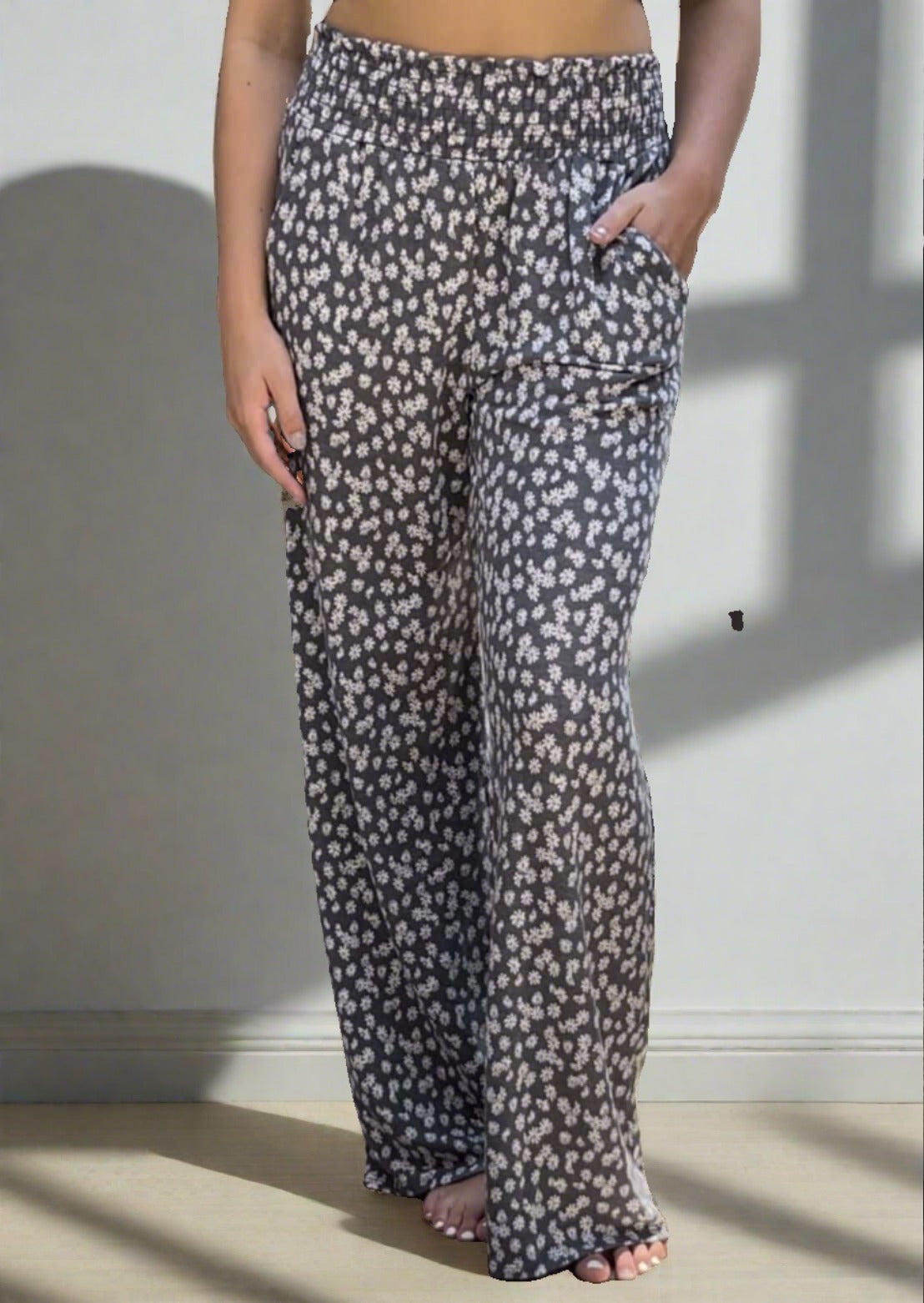 USA Made Ladies Smocked Waist Floral Relaxed Fit Super Soft Casual Pants in Grey or Rust with Off White Floral Pattern | Made in America Women's Boutique