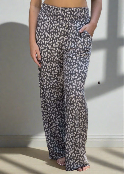 USA Made Ladies Smocked Waist Floral Relaxed Fit Super Soft Casual Pants in Grey or Rust with Off White Floral Pattern | Made in America Women's Boutique