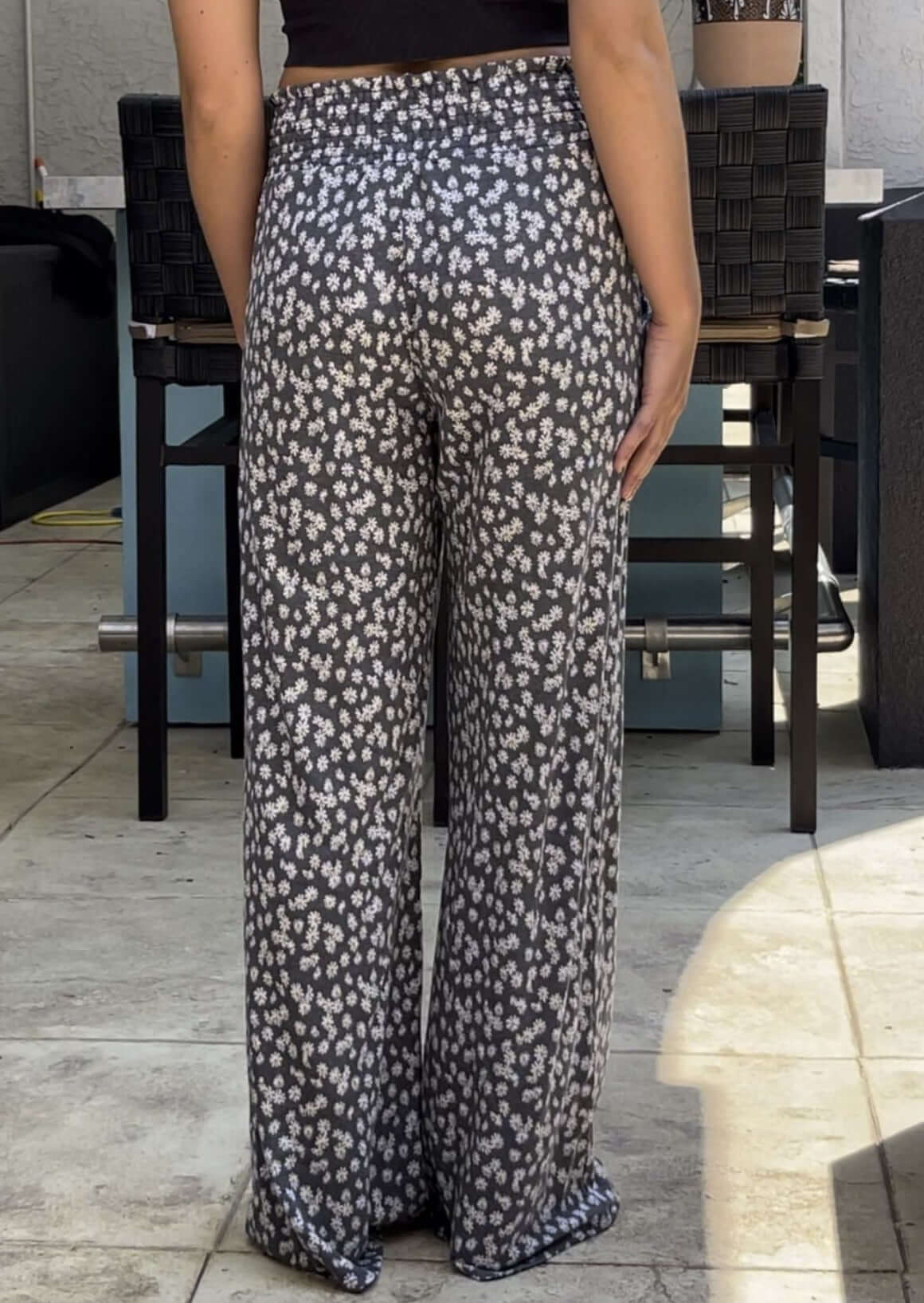 USA Made Ladies Smocked Waist Floral Relaxed Fit Super Soft Casual Pants in Grey or Rust with Off White Floral Pattern | Made in America Women's Boutique