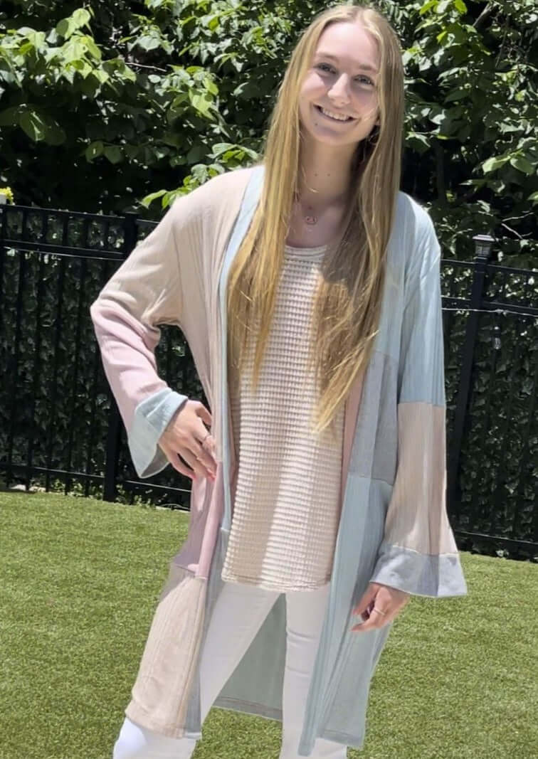 Ladies Pastel Color Block Open Front Long Length Lightweight Cardigan | Made in USA | Classy Cozy Cool Women's Made in America Boutique