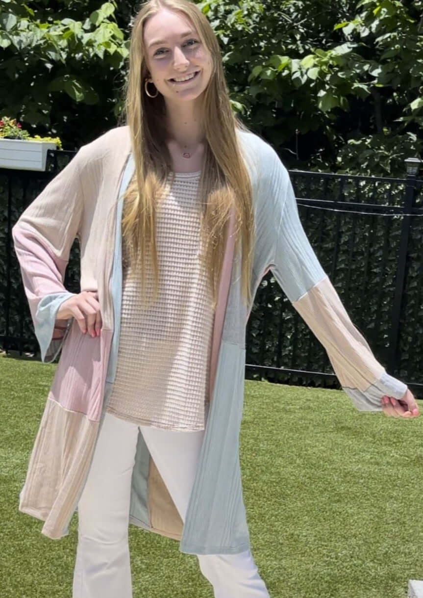 Ladies Pastel Color Block Open Front Long Length Lightweight Cardigan | Made in USA | Classy Cozy Cool Women's Made in America Boutique