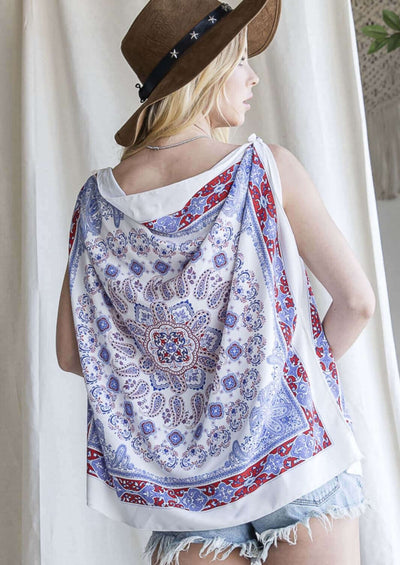 Bucket List Style# T1418 | Ladies Sleeveless Scarf Print Versatile Summer Top | Made in USA | Classy Cozy Cool Women's Made in America Boutique