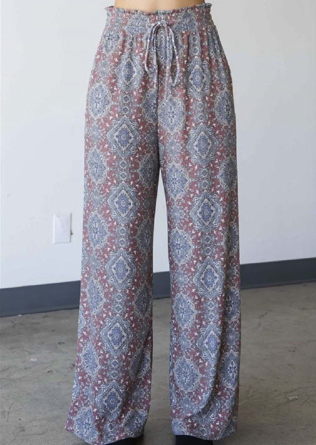 USA Made Ladies Soft & Lightweight Relaxed Fit Ribbed Aztec Pattern Wide Leg Pants in Blue, Off White and Burgundy | Classy Cozy Cool Women's Made in America Clothing Boutique