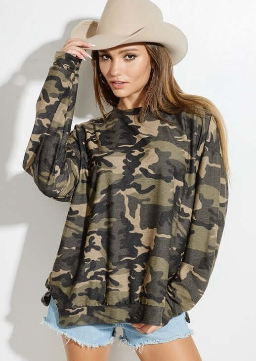 Made in USA Women's Oversized Camo Long Sleeves Crew Neck Longer Length Tee Shirt | Classy Cozy Cool Women's Made in America Clothing Boutique