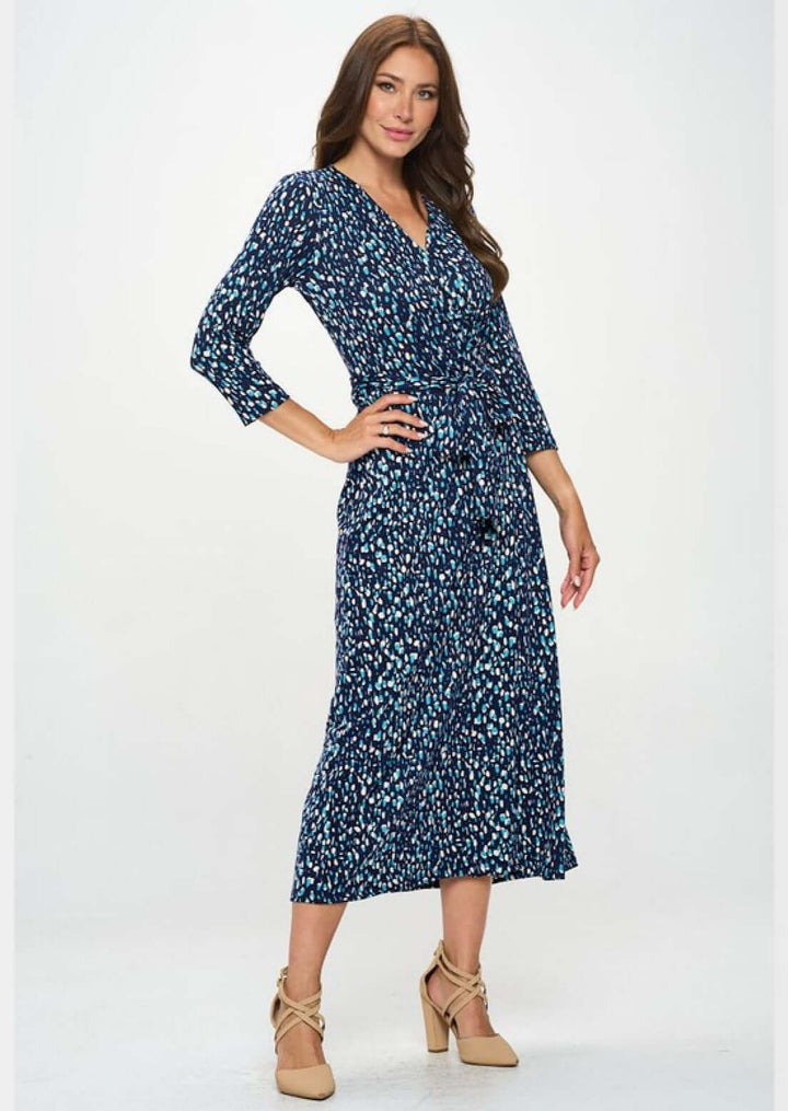 Women's Printed Wrap Style Brushed Knit Maxi Dress with 3/4 Sleeves in Navy, Light Blue & White | Renee C. Style L4329DRB | Made in USA | Classy Cozy Cool Made in America Clothing Boutique