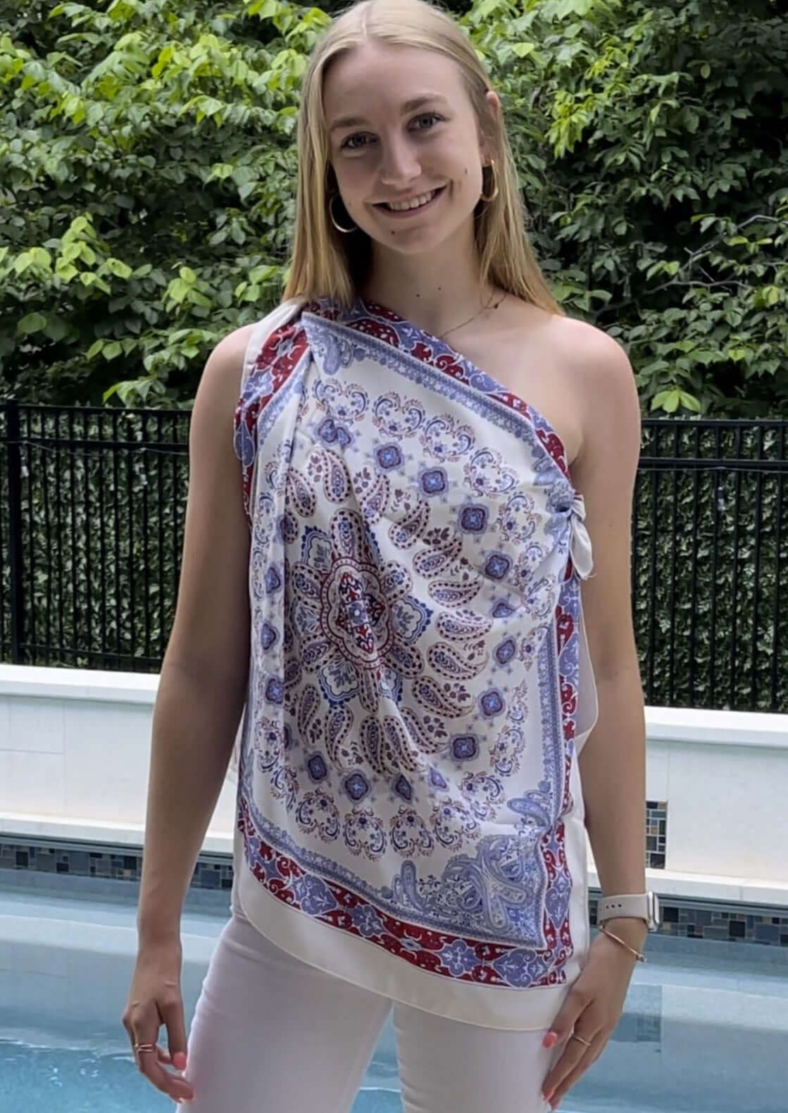 Bucket List Style# T1418 | Ladies Sleeveless Scarf Print Versatile Summer Top | Made in USA | Classy Cozy Cool Women's Made in America Boutique