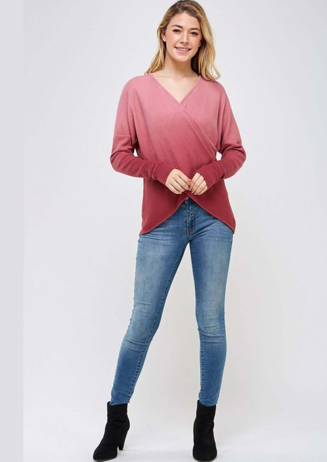 American Able Style# 118171 Ladies Overlap Burgundy Ombre Cotton Sweater Top Made in USA | Classy Cozy Cool Women's Made in America Clothing Boutique
