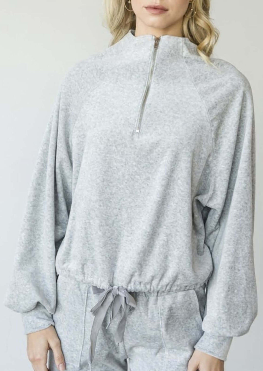 USA Made Women's Heather Gray Velour Half Zip Casual Pullover with Draw String Waist puff sleeves and a mock neck | Classy Cozy Cool Women's Made in America Clothing Boutique
