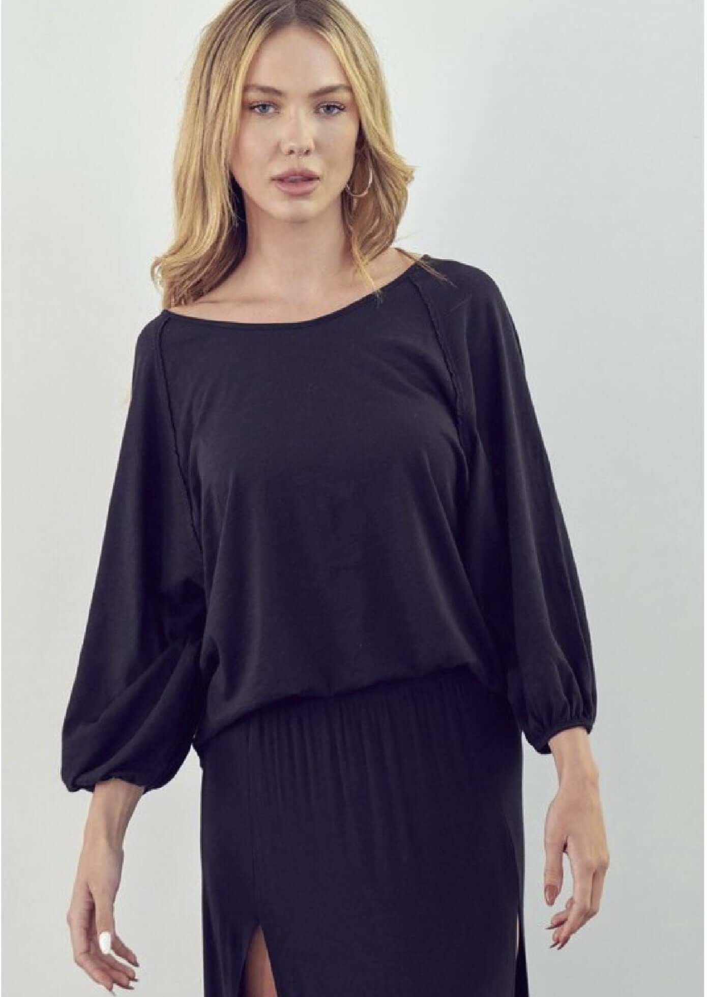 Ladies Oversized Fit Dolman Sleeve High Low Comfy Cotton Top in Black | Made in USA | American Able Style# 121504 | Classy Cozy Cool Women's Made in America Boutique