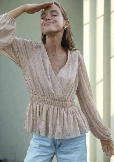 Made in USA |  Women's Peplum Style Glitter Mesh Top with Deep V-Neck & Puff Sleeves in Tan | If She Loves Style IST1320 | Classy Cozy Cool Women's Made in America Boutique