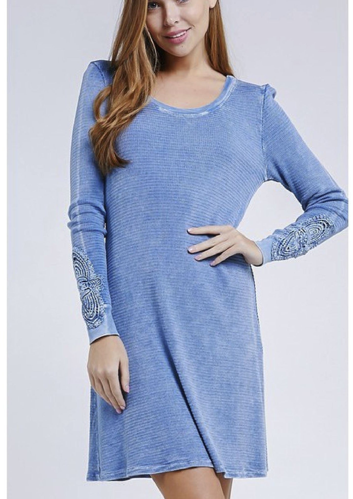 USA Made Ladies Vintage Textured Thermal Crochet Cuff Long Sleeve Cotton Blend Mini Dress in Chambray Blue | Classy Cozy Cool Women's Made in America Clothing Boutique