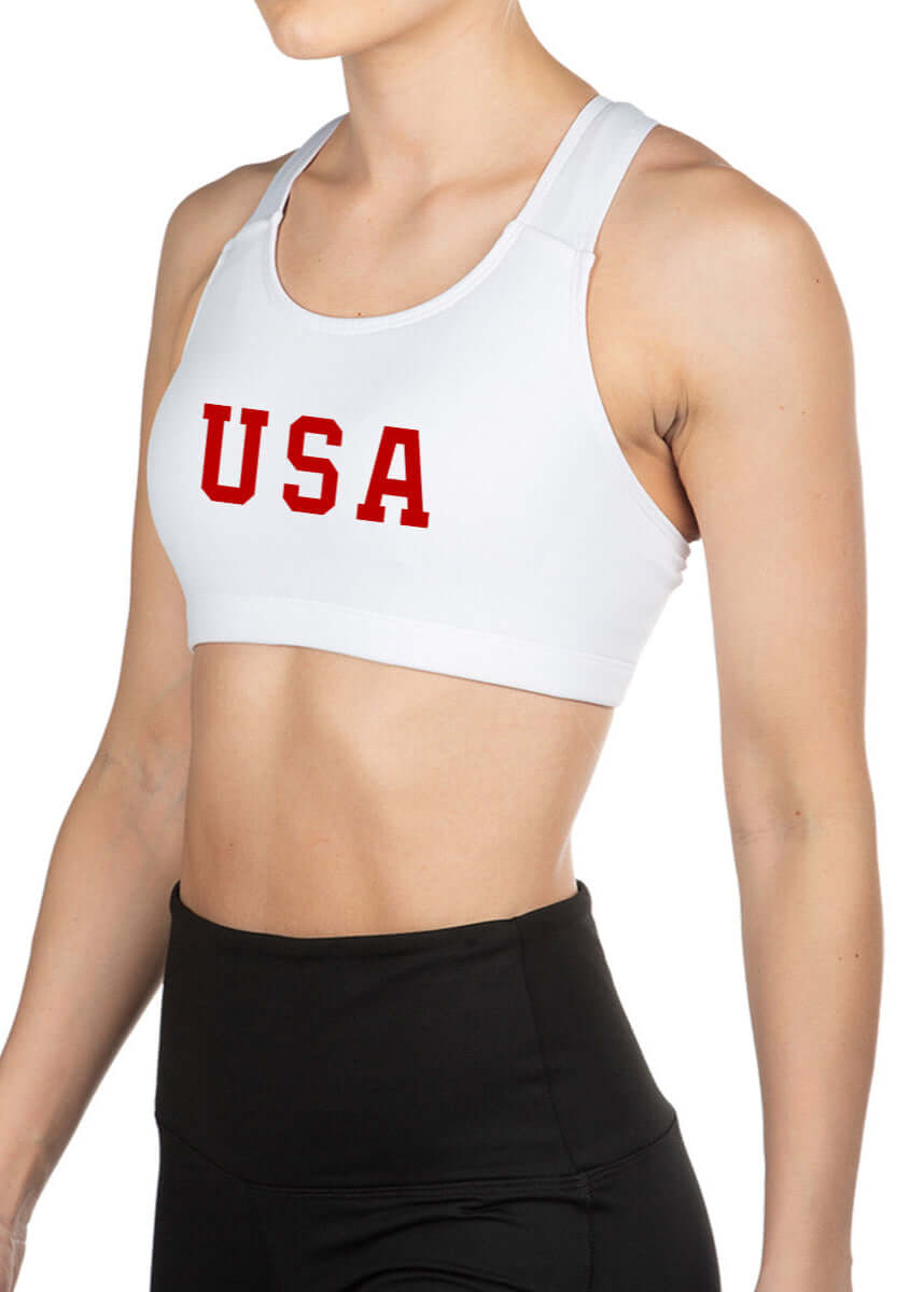 Made in USA Women's WSI Sportswear ProWikMax Sports Bra in White with USA Graphic in Red | Runs Small - Size Up, Polyester and Spandex Fabric
