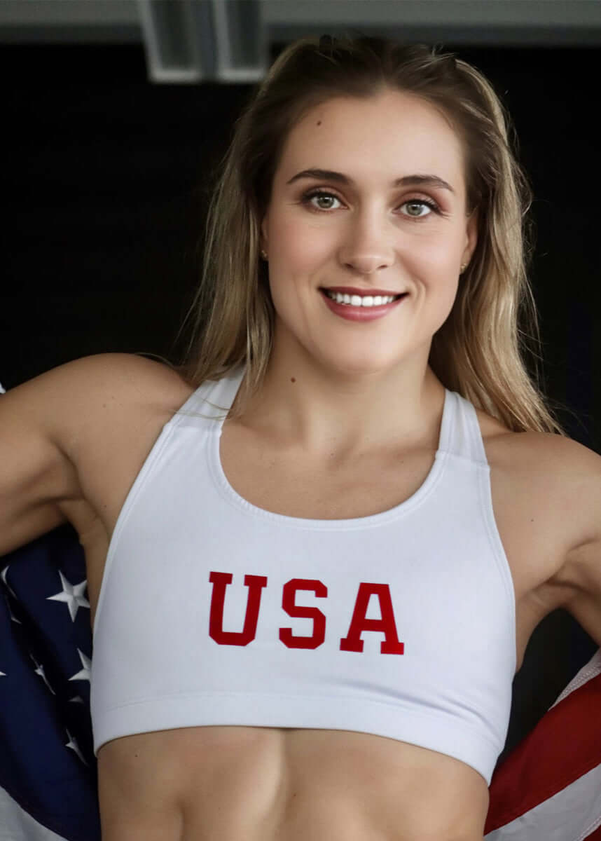 Made in USA Women's WSI Sportswear ProWikMax Sports Bra in White with USA Graphic in Red | Runs Small - Size Up, Polyester and Spandex Fabric