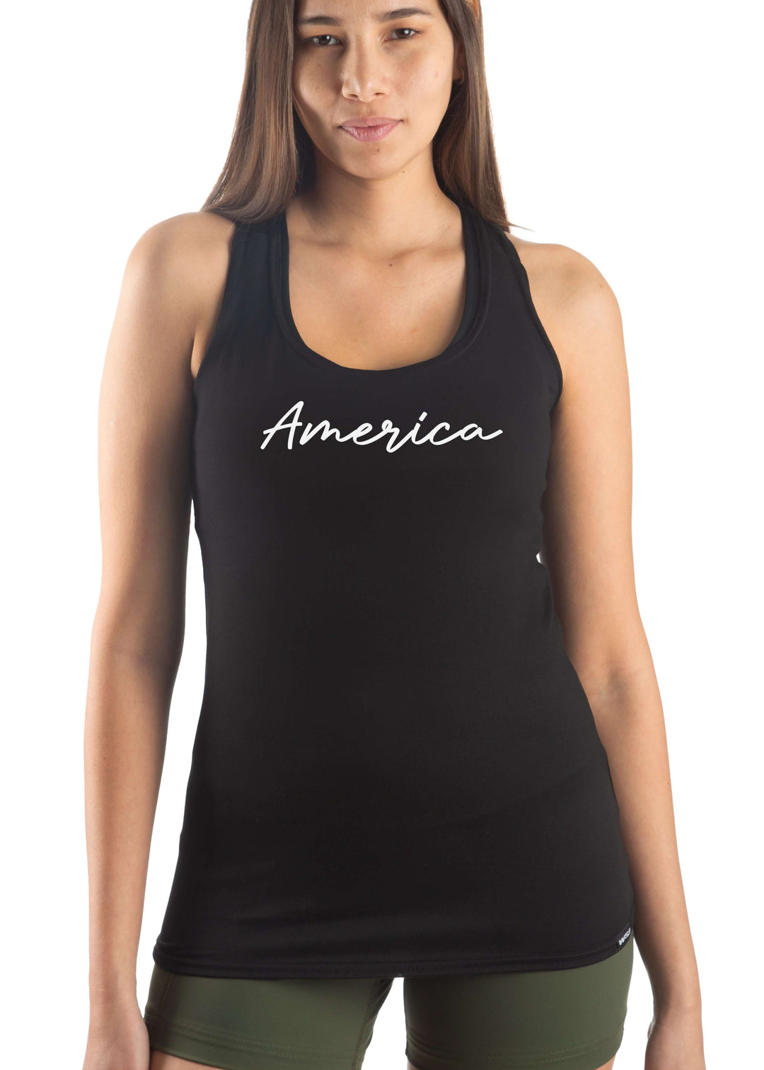 Made in USA WSI Sportswear America Graphic Fitted Tank Top in Black, Buttery Soft SoftTECH™ fabric, Racerback, 4-way stretch, comfort & flexibility