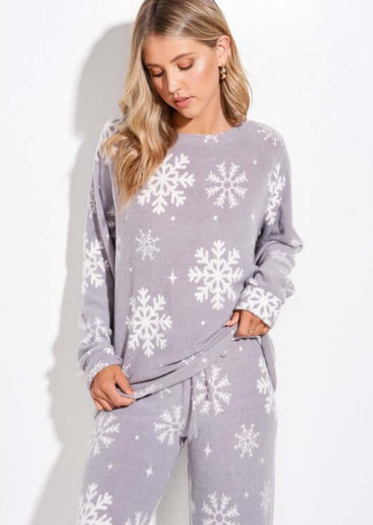 USA Made Light Grey Snowflake Christmas Super Soft Loungewear Pajama Set | Proudly Made in the USA | Classy Cozy Cool Women's Made in America Fashion Boutique