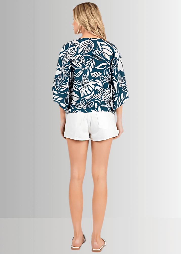Made in USA Women's Tropical Teal Tie Front Accent Kimono Cardigan, Kimono Sleeves, Waist Length, 100% Rayon Gauze, Beach, Vacation, Tropical Print | Classy Cozy Cool Made in America Boutique