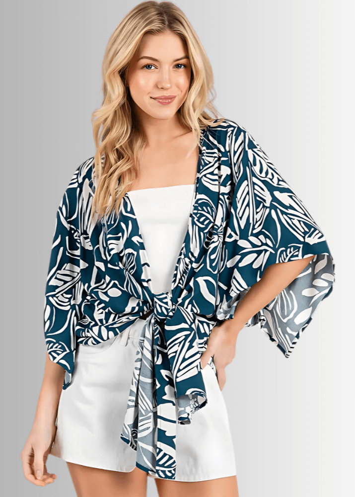 Made in USA Women's Tropical Teal Tie Front Accent Kimono Cardigan, Kimono Sleeves, Waist Length, 100% Rayon Gauze, Beach, Vacation, Tropical Print | Classy Cozy Cool Made in America Boutique