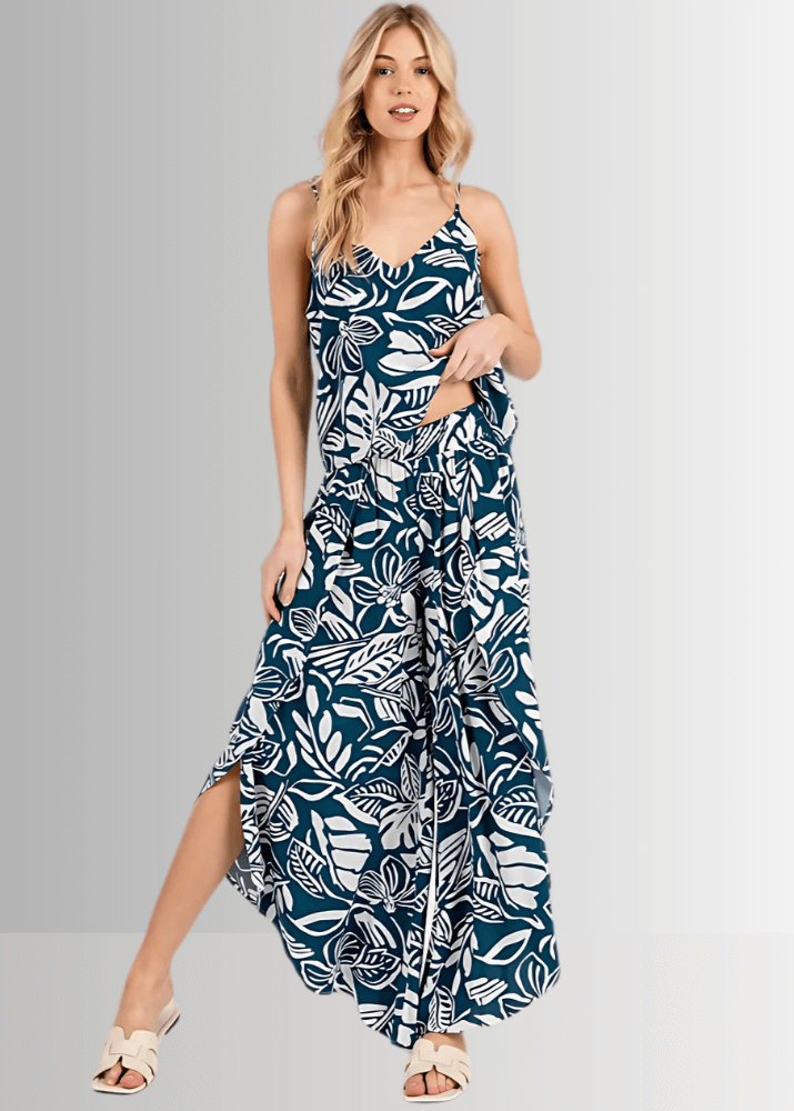 Made in USA Women's Teal Tropical Print Split-Front Flowy Pants shown with matching Cami Tank Top, Perfect for Beach Vacation, Matching Tank Top and Cardigan Available | Classy Cozy Cool Made in America Boutique