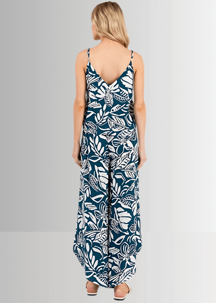 Made in USA Women's Teal Tropical Print Split-Front Flowy Pants shown with matching Cami Tank Top, Perfect for Beach Vacation, Matching Tank Top and Cardigan Available | Classy Cozy Cool Made in America Boutique