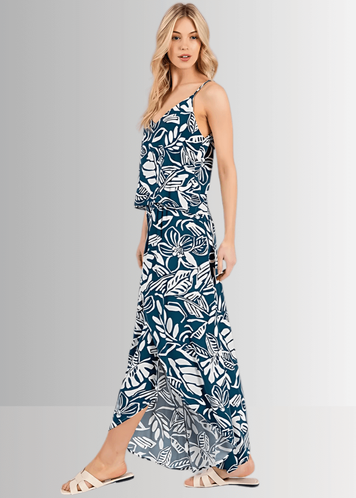 Made in USA Women's Teal Tropical Print Split-Front Flowy Pants shown with matching Cami Tank Top, Perfect for Beach Vacation, Matching Tank Top and Cardigan Available | Classy Cozy Cool Made in America Boutique