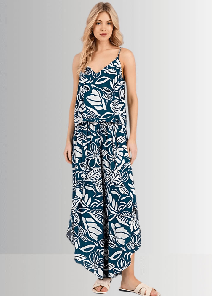 Made in USA Women's Teal Tropical Print Split-Front Flowy Pants shown with matching Cami Tank Top, Perfect for Beach Vacation, Matching Tank Top and Cardigan Available | Classy Cozy Cool Made in America Boutique