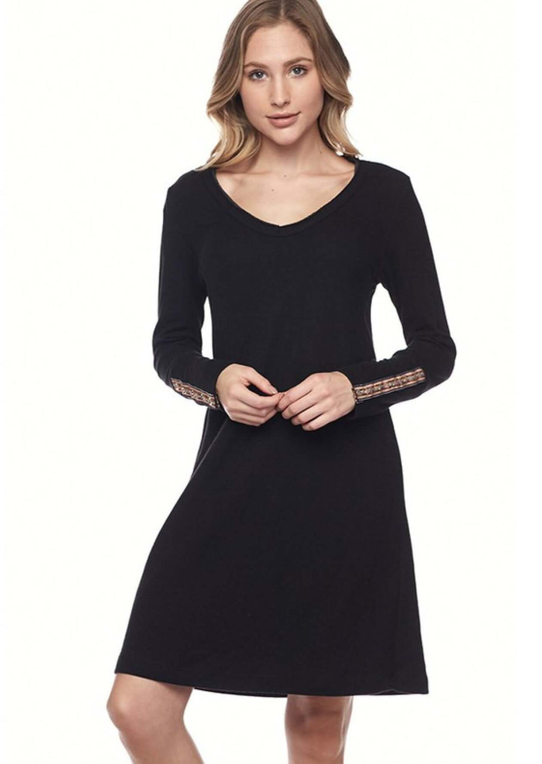 USA Made Ladies Black Casual Double Layered Midi Dress with Cuff Details | Classy Cozy Cool Women's Made in America Clothing Boutique
