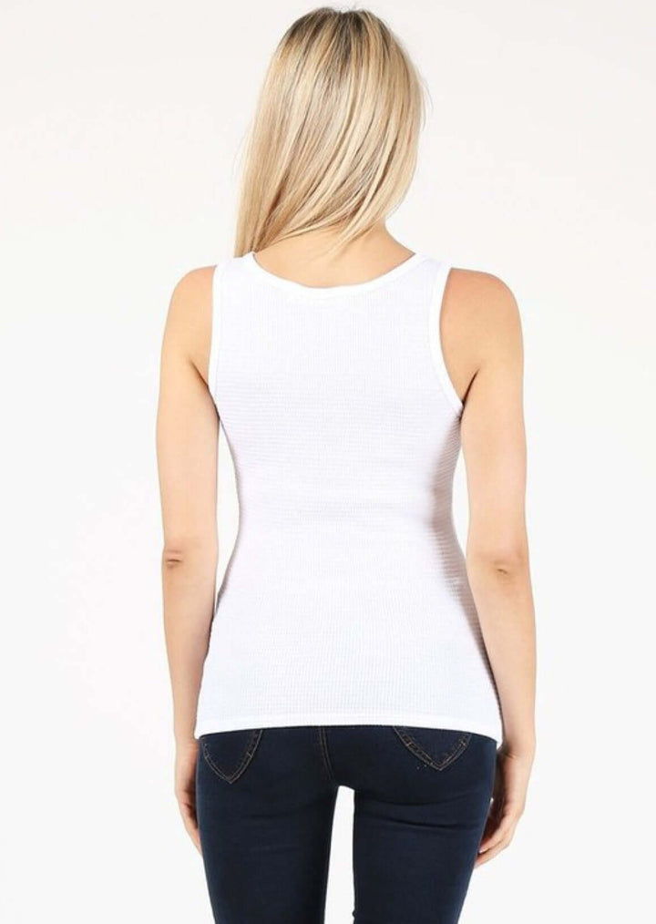 Made in USA Women's Scoop Neck Tank Textured Breathable Thicker Material Garment Washed Fabric Fitted Waist Length 100% Cotton in White
