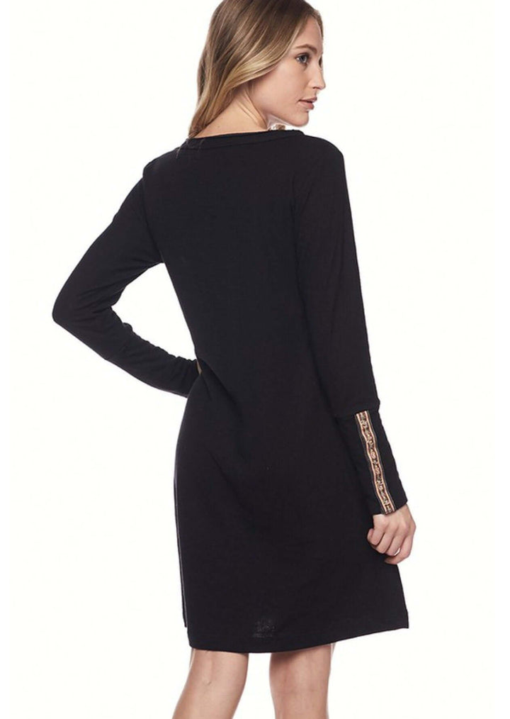 USA Made Ladies Black Casual Double Layered Midi Dress with Cuff Details | Classy Cozy Cool Women's Made in America Clothing Boutique