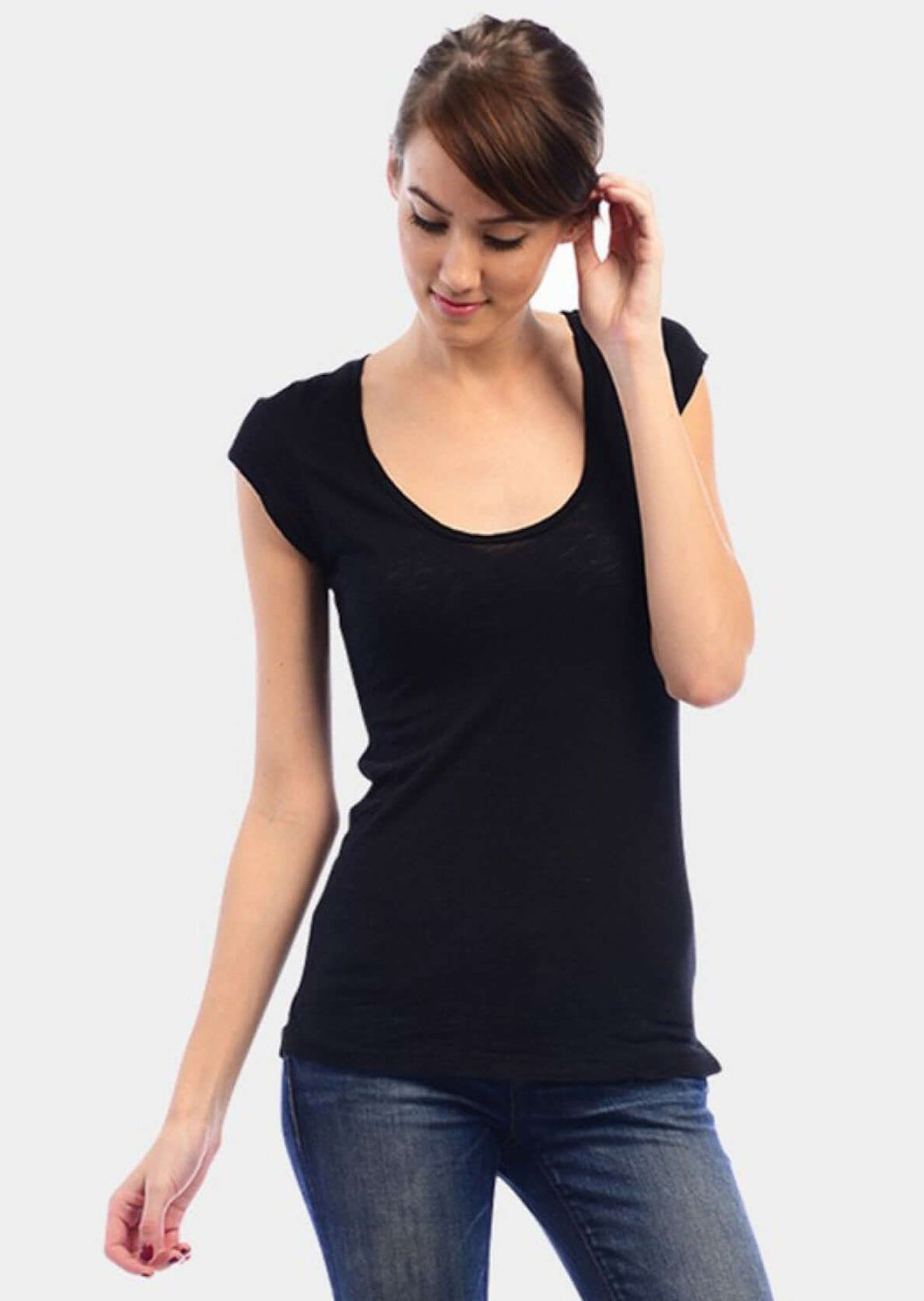 Made in USA Women's Scoop Neck Basic Garment Dyed Cotton Tee T-Shirt with Shirring at Shoulder in Black | Classy Cozy Cool Made in America Boutique