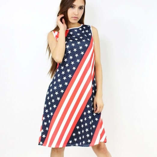 Made in USA Stars and Stripes Patriotic Knee Length Dress with Round Neckline in Red, White & Blue Stars & Stripes Patriotic Mini Midi | Classy Cozy Cool Made in America Boutique