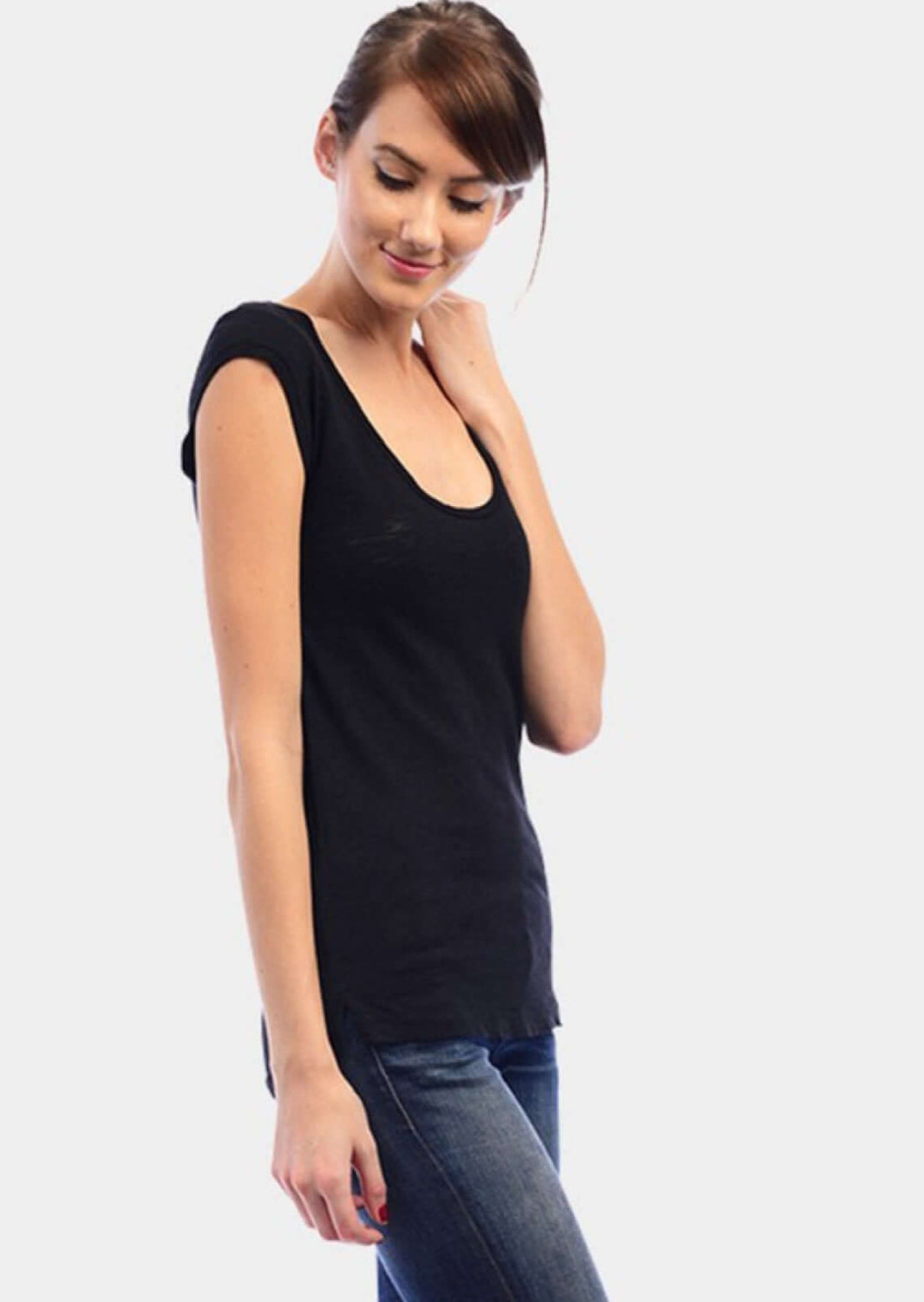 Made in USA Women's Scoop Neck Basic Garment Dyed Cotton Tee T-Shirt with Shirring at Shoulder in Black | Classy Cozy Cool Made in America Boutique