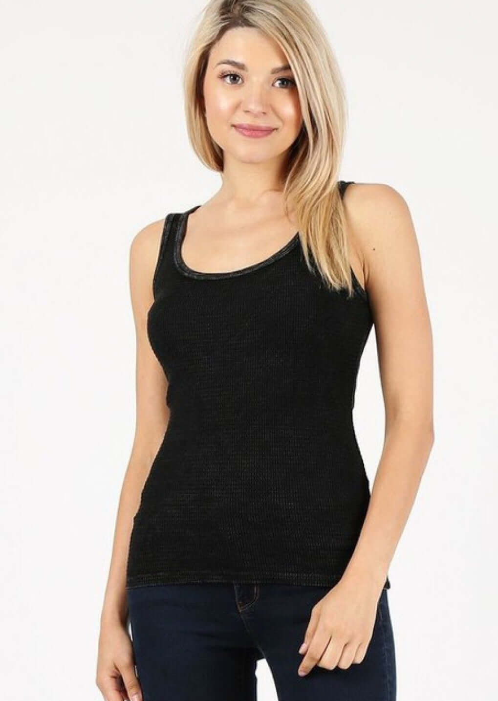 Made in USA Women's Scoop Neck Tank Textured Breathable Thicker Material Garment Washed Fabric Fitted Waist Length 100% Cotton in Black