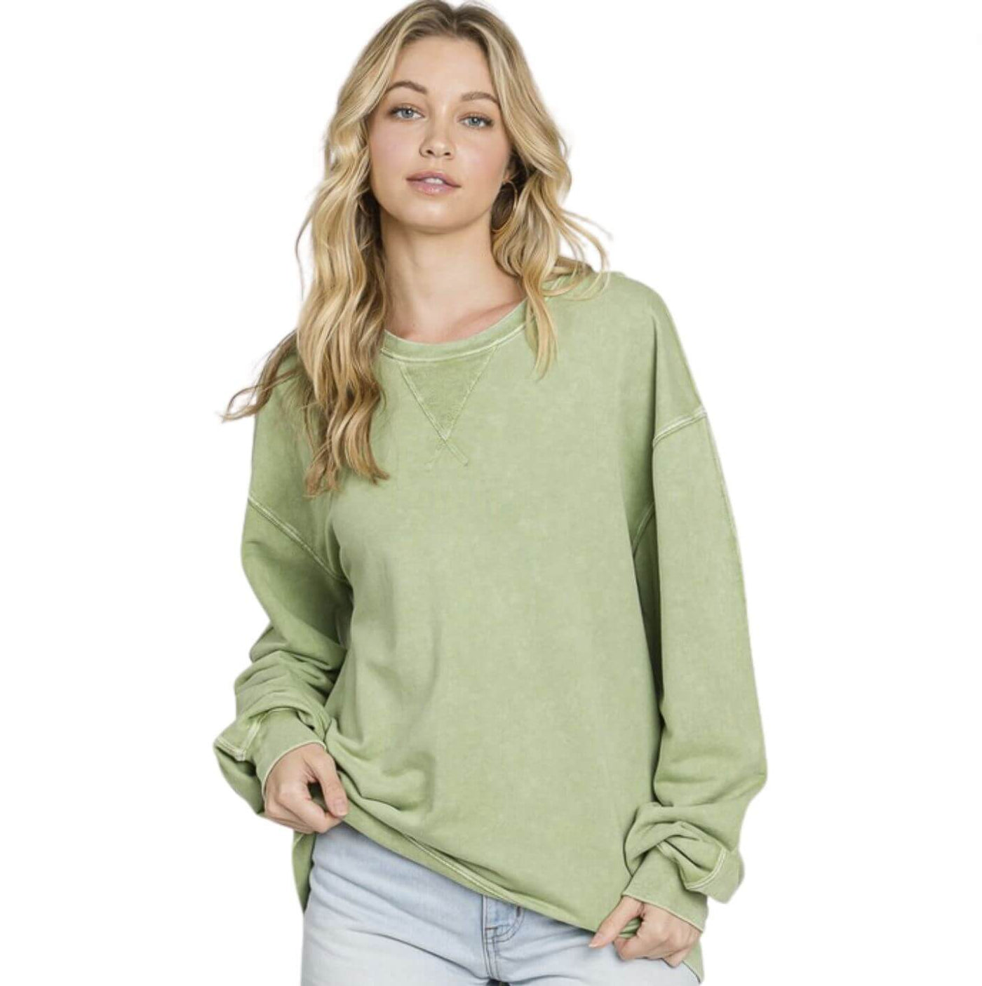 Made in USA Misses Oversized Cotton Mineral Washed Sweatshirt in Antique Sage | Made in USA with USA Cotton | Classy Cozy Cool Women's Made in America Boutique