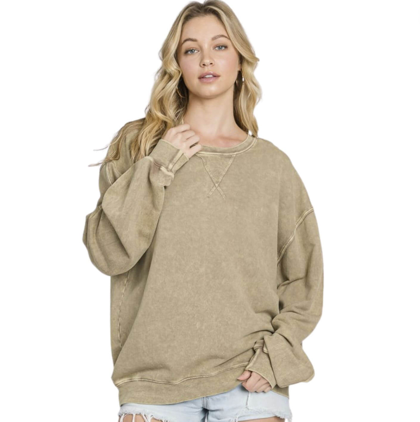 Made in USA Misses Oversized Cotton Mineral Washed Sweatshirt in Antique Mocha | Made with USA Cotton | Classy Cozy Cool Women's Made in America Boutique