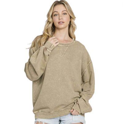 Made in USA Misses Oversized Cotton Mineral Washed Sweatshirt in Antique Mocha | Made with USA Cotton | Classy Cozy Cool Women's Made in America Boutique