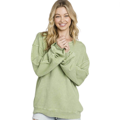 Made in USA Misses Oversized Cotton Mineral Washed Sweatshirt in Antique Sage | Made in USA with USA Cotton | Classy Cozy Cool Women's Made in America Boutique