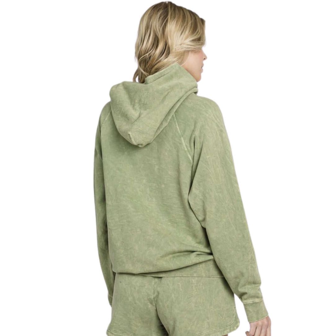 Ladies Cotton Mineral Washed French Terry Sweatshirt Hoodie with Kangaroo Pocket in Desert Sage Green | Made in USA with USA Cotton | Classy Cozy Cool Women's Made in America Boutique