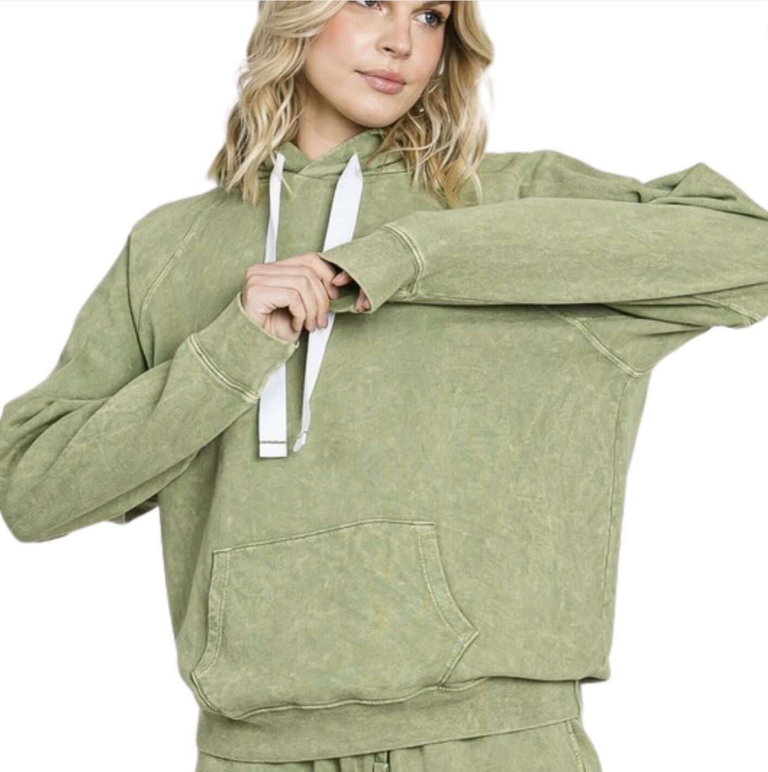 Ladies Cotton Mineral Washed French Terry Sweatshirt Hoodie with Kangaroo Pocket in Desert Sage Green | Made in USA with USA Cotton | Classy Cozy Cool Women's Made in America Boutique