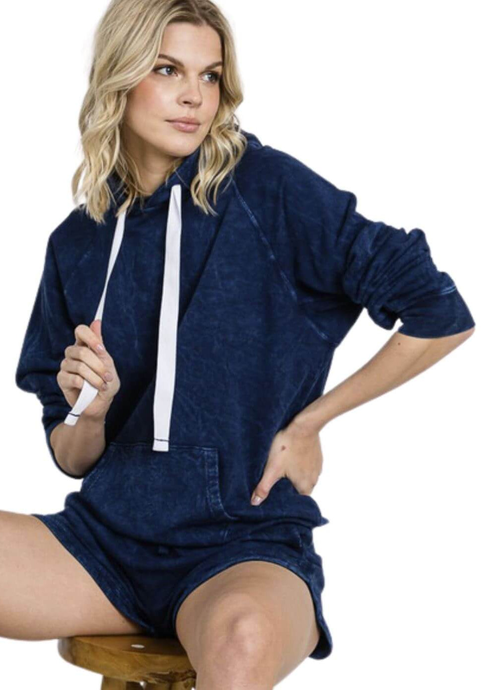 Ladies Cotton Mineral Washed French Terry Sweatshirt Hoodie with Kangaroo Pocket in Vintage Navy Blue | Made in USA with USA Cotton | Classy Cozy Cool Women's Made in America Boutique