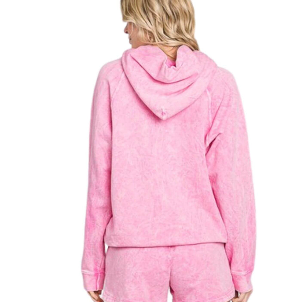 Ladies Cotton Mineral Washed French Terry Sweatshirt Hoodie with Kangaroo Pocket in Pink | Made in USA with USA Cotton | Classy Cozy Cool Women's Made in America Boutique