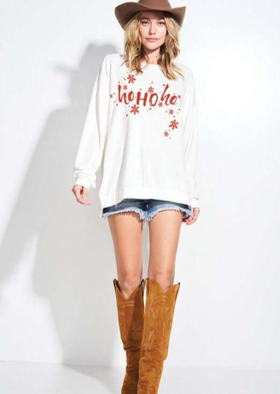 Made in USA Women's "Ho Ho Ho" Graphic Christmas Shirt Long Sleeves Graphic on Front & Back Very Oversized White with Red Graphic Crew Neck Longer Length | Phil Love
