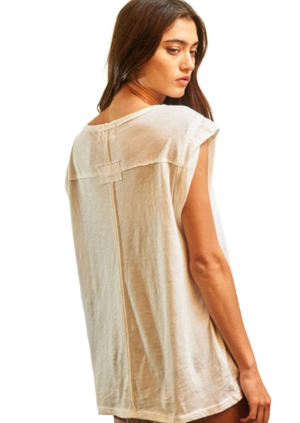 Bucket List Style# T1971 Ladies Muscle Sleeve Solid Jersey White Cotton Tee with Crew neckline & Raw Edge Details | Made in USA | Classy Cozy Cool Women's Made in America Clothing Boutique