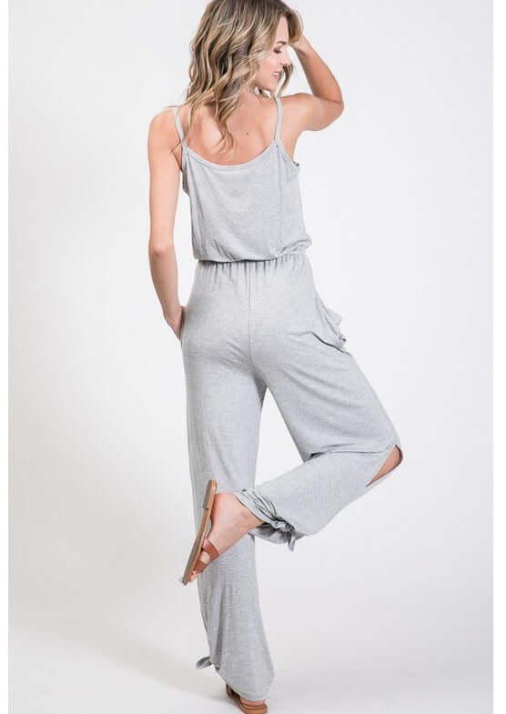 Ladies Trendy Tank Style V-Neck Jumpsuit With Tie Hem in Heather Grey | Made in USA | Classy Cozy Cool Women's Made in America Boutique