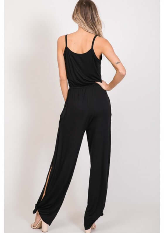 Ladies Trendy Tank Style V-Neck Jumpsuit With Tie Hem in Black | Made in USA | Classy Cozy Cool Women's Made in America Boutique