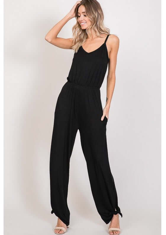 Ladies Trendy Tank Style V-Neck Jumpsuit With Tie Hem in Black | Made in USA | Classy Cozy Cool Women's Made in America Boutique