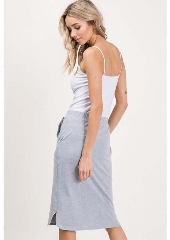 Look stylish and feel comfortable in this USA-made Casual Cotton Knee Length Skirt in Heather Grey | Classy Cozy Cool Women's Made in America Boutique
