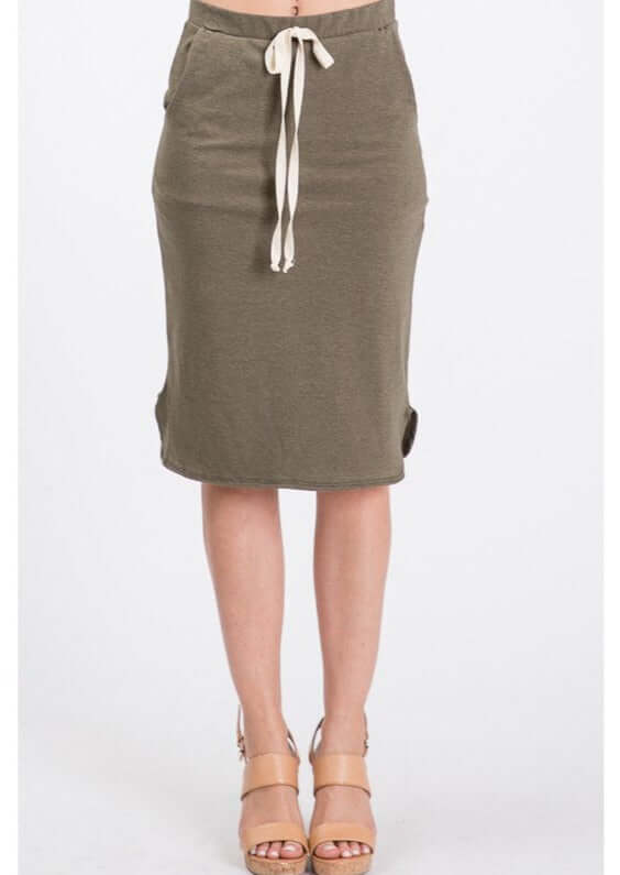 Look stylish and feel comfortable in this USA-made Casual Cotton Knee Length Skirt in Olive Green | Classy Cozy Cool Women's Made in America Boutique