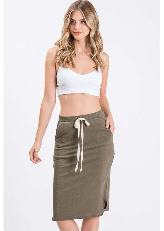 Look stylish and feel comfortable in this USA-made Casual Cotton Knee Length Skirt in Olive Green | Classy Cozy Cool Women's Made in America Boutique