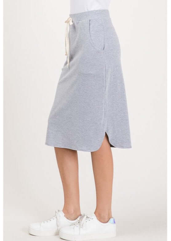Look stylish and feel comfortable in this USA-made Casual Cotton Knee Length Skirt in Heather Grey | Classy Cozy Cool Women's Made in America Boutique