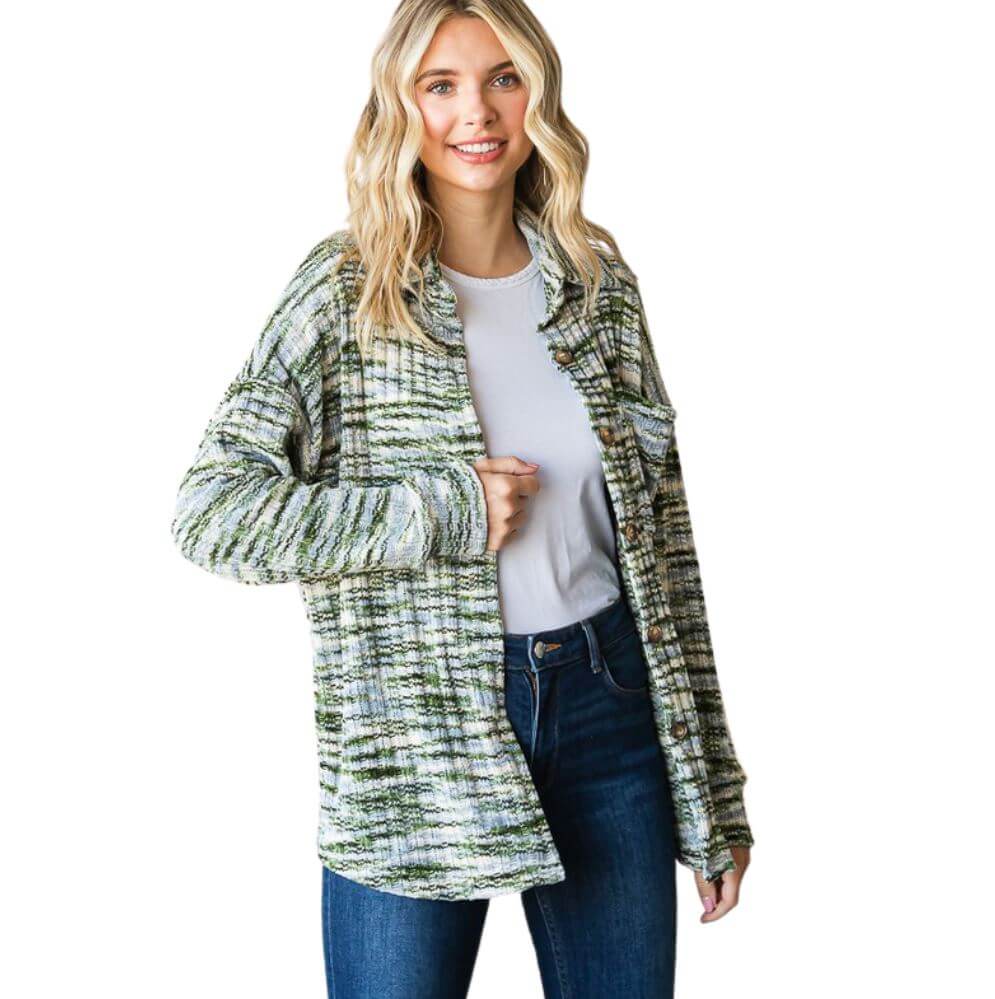 Super Soft Two Tone Teddy Bear Cardigan Sweater Relaxed Fit in green, blue & off white | Made in USA | Classy Cozy Cool American Made Clothing Boutique